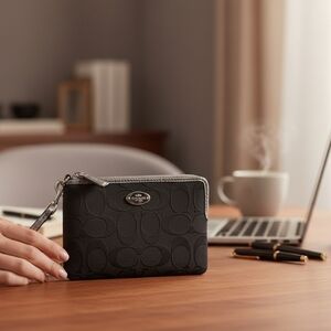 COACH Corner Zip Black Signature Fabric Wristlet w Silver Trim, Hangtag & Strap.